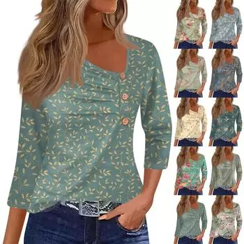Жен. Футболка Футболка С принтом Пуговицы Рукав 3/4 Повседневные Выходные Мода Классический Классический Верх S