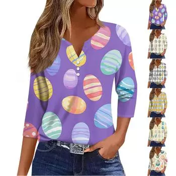Жен. Футболка Футболка С принтом Пуговицы Рукав 3/4 Повседневные Выходные Мода Классический V-образный вырез Обычный Топ L бежевый