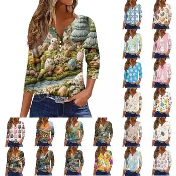 Жен. Футболка Футболка С принтом Пуговицы Рукав 3/4 Повседневные Выходные Мода Классический V-образный вырез Обычный Топ S