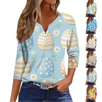 Жен. Футболка Футболка С принтом Пуговицы Рукав 3/4 Повседневные Выходные Мода Классический V-образный вырез Обычный Топ M