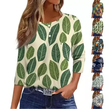 Жен. Футболка Футболка С принтом Пуговицы Рукав 3/4Ежедневно Выходные Мода Классический Топ с v-образным вырезом Обычный L бежевый