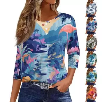 Жен. Футболка Футболка С принтом Пуговицы Рукав 3/4Ежедневно Выходные Мода Классический Топ с v-образным вырезом Обычный XXXL