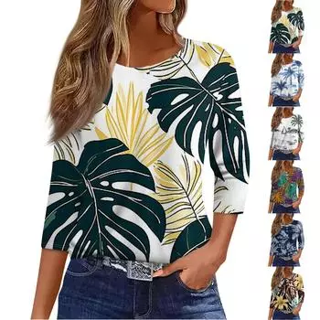 Жен. Футболка Футболка С принтом Пуговицы Рукав 3/4Ежедневно Выходные Мода Классический Топ с v-образным вырезом Обычный L циан