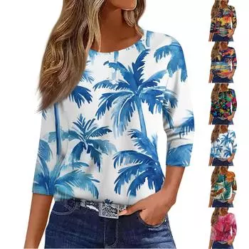 Жен. Футболка Футболка С принтом Пуговицы Рукав 3/4Ежедневно Выходные Мода Классический Топ с v-образным вырезом Обычный S