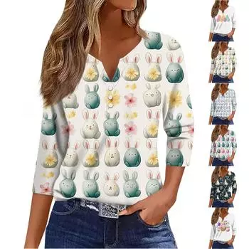 Жен. Футболка Футболка С принтом Пуговицы Рукав 3/4 Повседневные Выходные Мода Классический V-образный вырез Обычный Топ XXXL