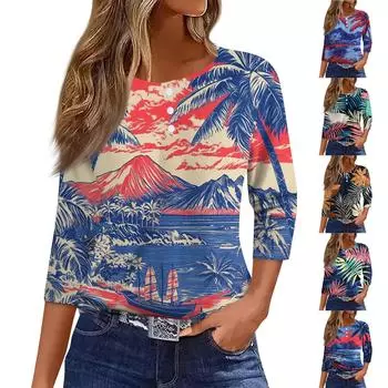Жен. Футболка Футболка С принтом Пуговицы Рукав 3/4Ежедневно Выходные Мода Классический Топ с v-образным вырезом Обычный M