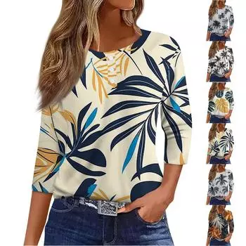 Жен. Футболка Футболка С принтом Пуговицы Рукав 3/4Ежедневно Выходные Мода Классический Топ с v-образным вырезом Обычный L тёмно-синий