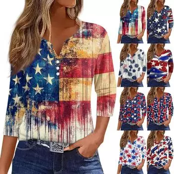 Жен. Футболка Футболка С принтом Пуговицы Рукав 3/4Ежедневно Выходные Мода Классический Топ с v-образным вырезом Обычный XXL