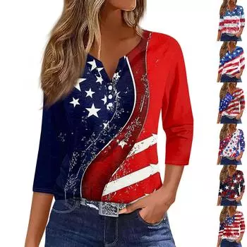 Жен. Футболка Футболка С принтом Пуговицы Рукав 3/4Ежедневно Выходные Мода Классический Топ с v-образным вырезом Обычный S