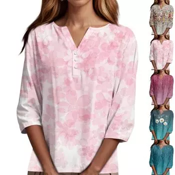 Жен. Футболка Футболка С принтом Пуговицы Рукав 3/4Ежедневно Выходные Мода Классический Топ с v-образным вырезом Обычный XXL