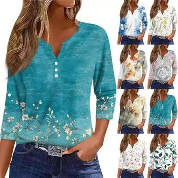 Жен. Футболка Футболка С принтом Пуговицы Рукав 3/4 Повседневные Выходные Мода Классический Классический V-образный вырез Обычный Верх S зелёный