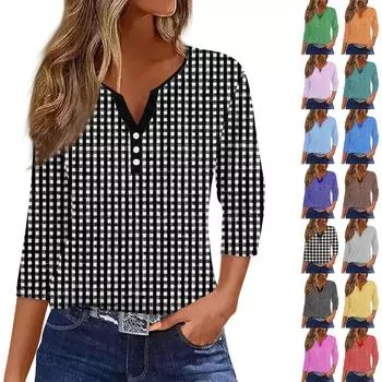 Жен. Футболка Футболка С принтом Пуговицы Рукав 3/4Ежедневно Выходные Мода Классический Топ с v-образным вырезом Обычный XXL синий
