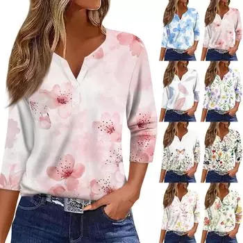 Жен. Футболка Футболка С принтом Пуговицы Рукав 3/4 Повседневные Выходные Мода Классический Классический V-образный вырез Обычный Верх S бежевый