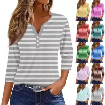 Жен. Футболка Футболка С принтом Пуговицы Рукав 3/4Ежедневно Выходные Мода Классический Топ с v-образным вырезом Обычный M