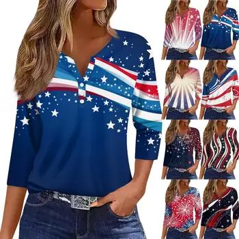 Жен. Футболка Футболка С принтом Пуговицы Рукав 3/4 Повседневные Выходные Мода Классический V-образный вырез Обычный Топ XL