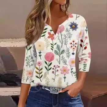 Жен. Футболка Футболка С принтом Пуговицы Рукав 3/4Ежедневно Выходные Мода Классический Топ с v-образным вырезом Обычный S зелёный