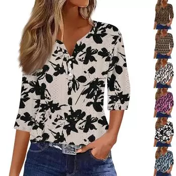 Жен. Футболка Футболка С принтом Пуговицы Рукав 3/4Ежедневно Выходные Мода Классический Топ с v-образным вырезом Обычный L чёрный