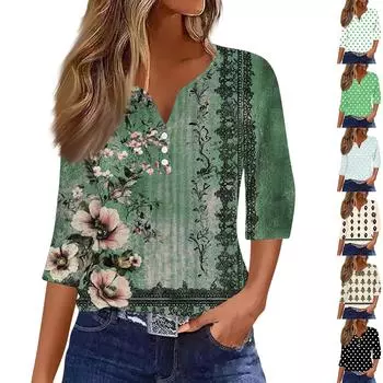 Жен. Футболка Футболка С принтом Пуговицы Рукав 3/4Ежедневно Выходные Мода Классический Топ с v-образным вырезом Обычный L бежевый