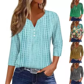 Жен. Футболка Футболка С принтом Пуговицы Рукав 3/4Ежедневно Выходные Мода Классический Топ с v-образным вырезом Обычный L циан