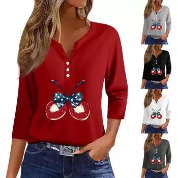Жен. Футболка Футболка С принтом Пуговицы Рукав 3/4 Повседневные Выходные Мода Классический V-образный вырез Обычный Топ S