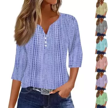 Жен. Футболка Футболка С принтом Пуговицы Рукав 3/4Ежедневно Выходные Мода Классический Топ с v-образным вырезом Обычный XL синий