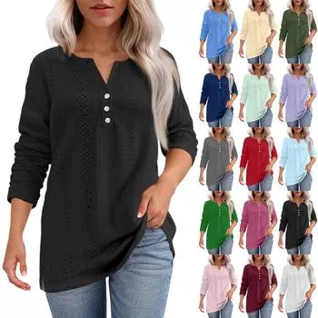 Жен. Футболка Футболка С принтом Пуговицы Рукав 3/4Ежедневно Выходные Мода Классический Топ с v-образным вырезом Обычный XL