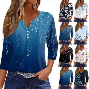 Жен. Футболка Футболка С принтом Пуговицы Рукав 3/4 Повседневные Выходные Мода Классический Классический V-образный вырез Обычный Верх L чёрный