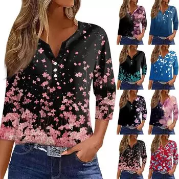 Жен. Футболка Футболка С принтом Пуговицы Рукав 3/4 Повседневные Выходные Мода Классический Классический V-образный вырез Обычный Верх L чёрный