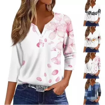 Жен. Футболка Футболка С принтом Пуговицы Рукав 3/4 Повседневные Выходные Мода Классический Классический V-образный вырез Обычный Верх L чёрный