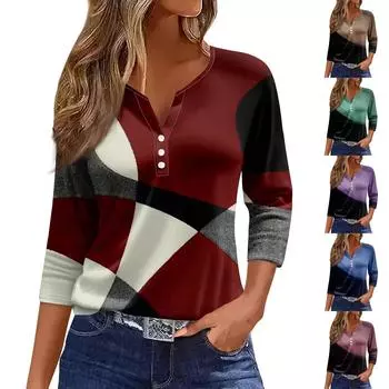 Жен. Футболка Футболка С принтом Пуговицы Рукав 3/4 Повседневные Выходные Мода Классический V-образный вырез Обычный Топ M циан