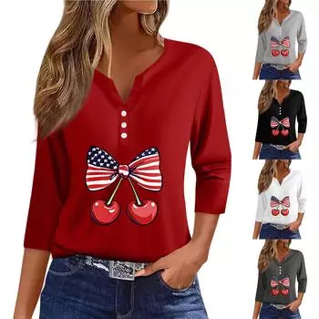 Жен. Футболка Футболка С принтом Пуговицы Рукав 3/4 Повседневные Выходные Мода Классический V-образный вырез Обычный Топ XXL белый