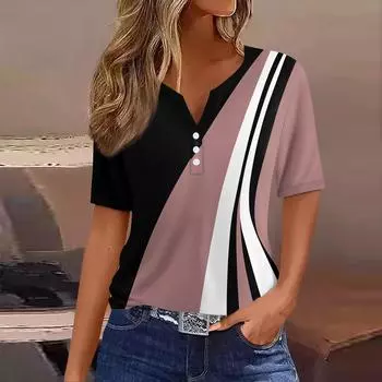 Жен. Футболка Футболка С принтом Пуговицы С короткими рукавами Повседневные Выходные Мода Классический V-образный вырез Обычный Верх XL розовый