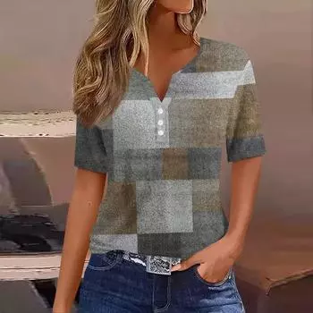 Жен. Футболка Футболка С принтом Пуговицы С короткими рукавами Повседневные Выходные Мода Классический V-образный вырез Обычный Верх L