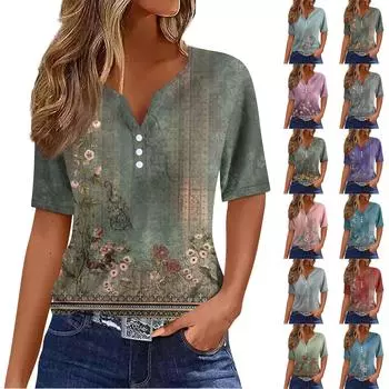 Жен. Футболка Футболка С принтом Пуговицы С короткими рукавами Повседневные Выходные Мода Классический V-образный вырез Обычный Верх L