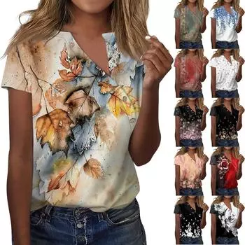 Жен. Футболка Футболка С принтом Пуговицы С короткими рукавами Повседневные Выходные Мода V-образный вырез Обычный Топ L