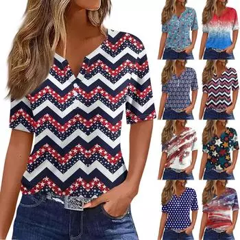 Жен. Футболка Футболка С принтом Пуговицы С короткими рукавами Повседневные Выходные Мода Классический V-образный вырез Обычный Верх L чёрный