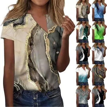 Жен. Футболка Футболка С принтом Пуговицы С короткими рукавами Повседневные Выходные Мода V-образный вырез Обычный Топ L чёрный