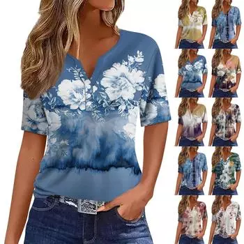 Жен. Футболка Футболка С принтом Пуговицы С короткими рукавами Повседневные Выходные Мода Классический V-образный вырез Обычный Верх L синий
