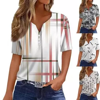 Жен. Футболка Футболка С принтом Пуговицы С короткими рукавами Повседневные Выходные Мода Классический V-образный вырез Обычный Верх L чёрный