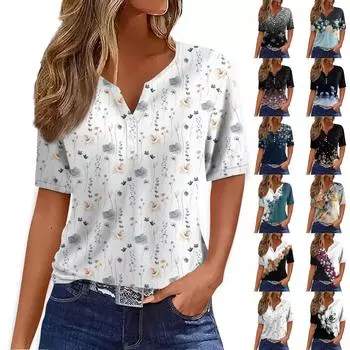 Жен. Футболка Футболка С принтом Пуговицы С короткими рукавами Повседневные Выходные Мода Классический V-образный вырез Обычный Верх XXL чёрный