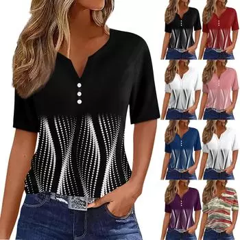 Жен. Футболка Футболка С принтом Пуговицы С короткими рукавами Повседневные Выходные Мода Классический V-образный вырез Обычный Верх L чёрный