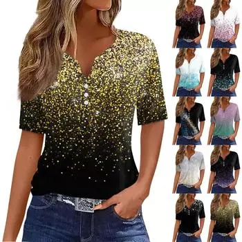 Жен. Футболка Футболка С принтом Пуговицы С короткими рукавами Повседневные Выходные Мода Классический V-образный вырез Обычный Верх XXL белый