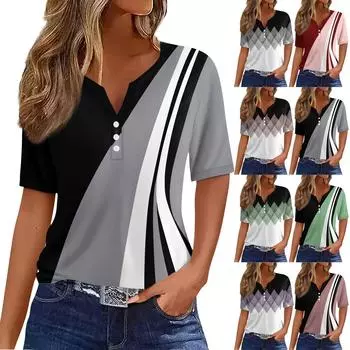 Жен. Футболка Футболка С принтом Пуговицы С короткими рукавами Повседневные Выходные Мода Классический V-образный вырез Обычный Верх One size