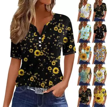 Жен. Футболка Футболка С принтом Пуговицы С короткими рукавами Повседневные Выходные Мода Классический V-образный вырез Обычный Верх L чёрный