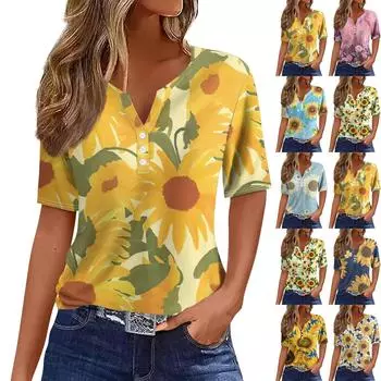 Жен. Футболка Футболка С принтом Пуговицы С короткими рукавами Повседневные Выходные Мода Классический V-образный вырез Обычный Верх L