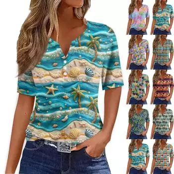 Жен. Футболка Футболка С принтом Пуговицы С короткими рукавами Повседневные Выходные Мода Классический V-образный вырез Обычный Верх L синий