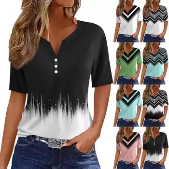 Жен. Футболка Футболка С принтом Пуговицы С короткими рукавами Повседневные Выходные Мода Классический V-образный вырез Обычный Верх L чёрный
