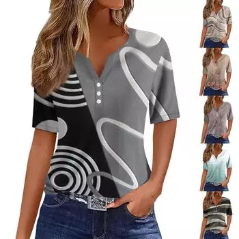 Жен. Футболка Футболка С принтом Пуговицы С короткими рукавами Повседневные Выходные Мода Классический V-образный вырез Обычный Верх XXXL