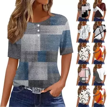 Жен. Футболка Футболка с принтом Пуговицы С короткими рукавами Повседневные Выходные Мода Классический Круглый вырез Обычный Топ L бежевый