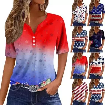 Жен. Футболка Футболка С принтом Пуговицы С короткими рукавами Повседневные Выходные Мода Классический V-образный вырез Обычный Верх L
